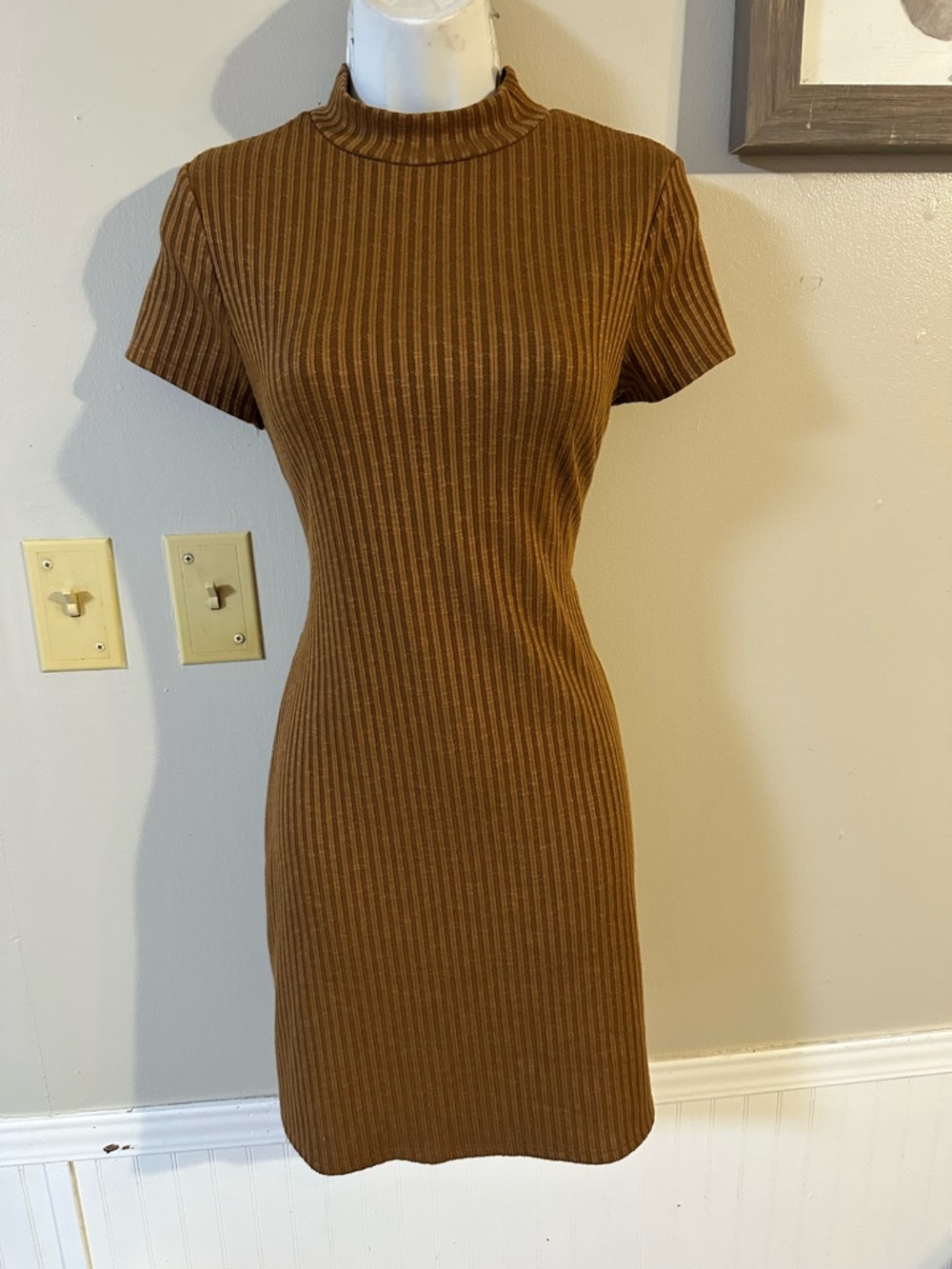 Moa Moa Ribbed Mock Neck Short Sleeve Mini Dress - Brown